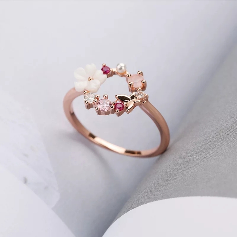 NEW SILVER ROSE GOLD ZIRCON FLOWER BRANCH RING